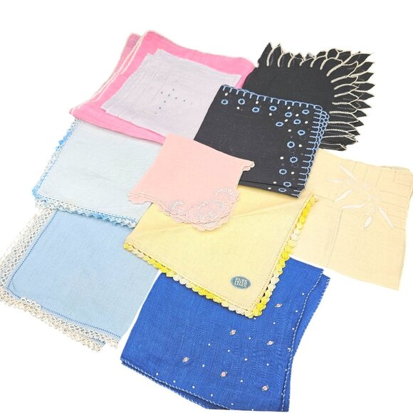 Lot of 10 VTG linen/cotton handkerchiefs assorted colors, patterns and sizes - Picture 2 of 15